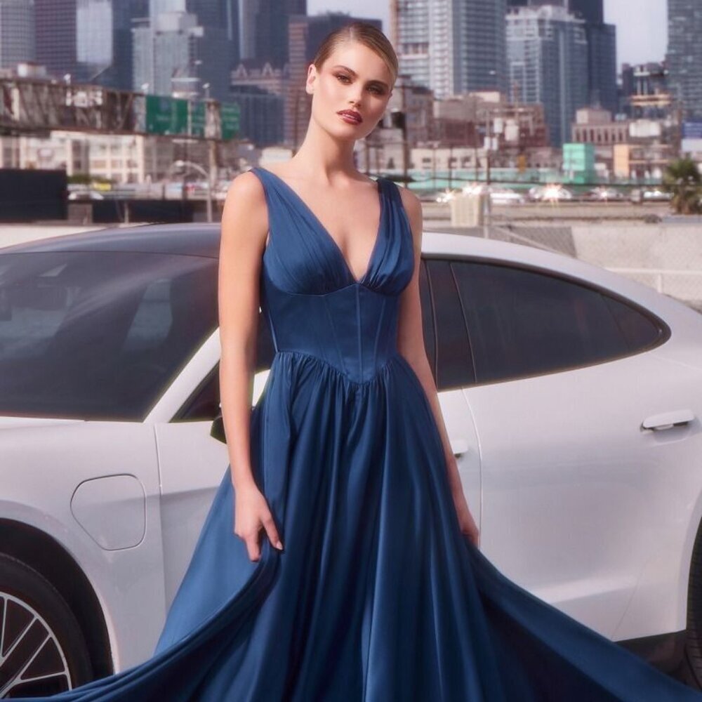 NEW FORMAL A-LINE LONG SOFT SATIN DRESS W/ BONED BODICE & V-NECKLINE CD 7447
